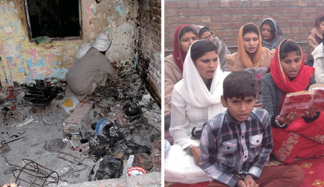 ▶ 쓰레기를 청소하고 있는 추흐라(왼쪽, 출처: World Watch Monitor)와 예배를 드리는 파키스탄 그리스도인들(본지 자료사진)